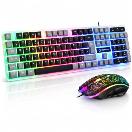 JUSTOP USB Wired Keyboard and Mouse Set Luminous LED Lights Full Size Slim Keyboard LED Gaming Mouse Game or Business UK Layout For PC Laptop Windows Chrome OS PS4 PS5 Xbox One (Retro)