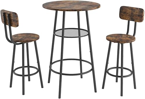 Juego de mesa de pub de 3 piezas, mesa de bar redonda pequeña de 2 niveles y 2 taburetes de bar con respaldo, mesa de altura de barra y silla, juego