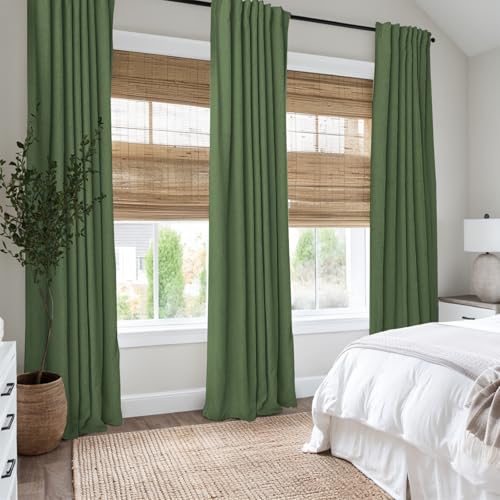 INOVADAY 100% Blackout Curtains 90 Inches Length 2 Panels Set, Back Tab/Rod Pocket Linen Black Out Curtains for Bedroom, Thermal Insulated Window Drapes - Moss Green, W50 X L90
