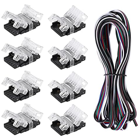 BZONE LED Strip Connectors, 5 Pin 12mm LED Connectors for RGBW LED Light Strip,8 Pieces Waterproof RGBW Connectors with 1 × 5m RGB 22AWG Extension Cable Cover
