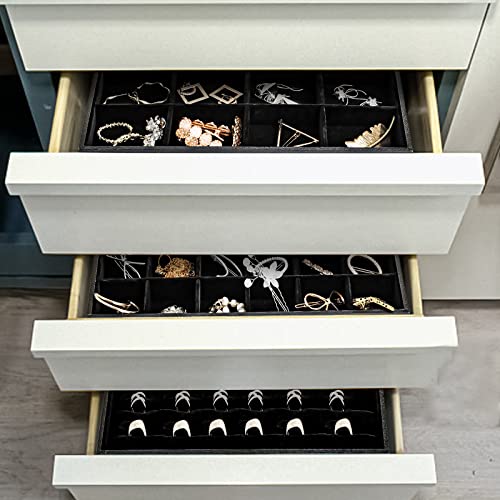 Elsjoy Set Of 3 Large Black Jewelry Trays, 3 Styles Stackable Velvet Jewelry Organizer Tray Drawer Jewelry Storage, Divided Ring Organizer Tray For Necklace, Earrings, Bracelet #TOP5