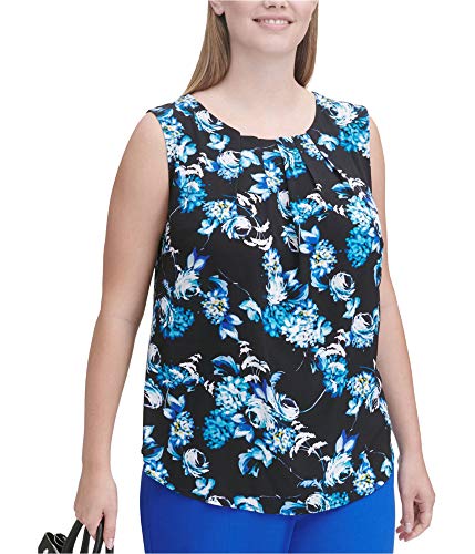 Calvin Klein Womens Pleated Collar Sleeveless Blouse Top, Blue, 3X