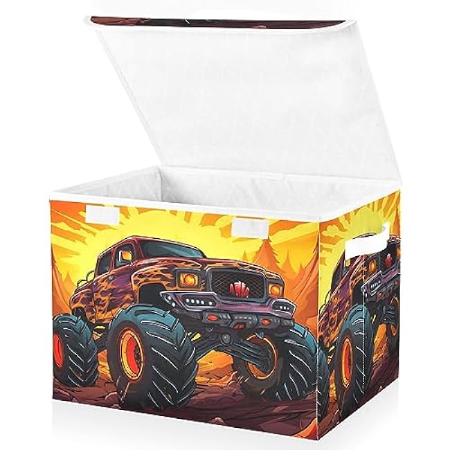 Vnurnrn Monster Truck Sports Storage Cube with Lid Collapsible, Large Capacity Foldable Storage Basket Bin Organizer 16.5¡Á12.6¡Á11.8 IN