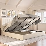 Jocisland King Size Lift Up Storage Bed Frame, Linen Upholstered Platform Bed with Vertical Channel Tufted Headboard and Wingback, Hydraulic System, No Box Spring Needed, Wood Slats Support, White