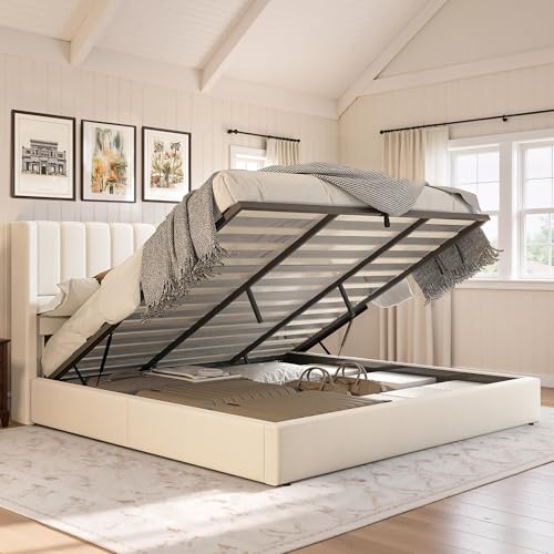Jocisland King Size Lift Up Storage Bed Frame Linen Upholstered Platform Bed with Vertical Channel Tufted Headboard and Wingback Hydraulic System No Box Spring Needed Wood Slats Support White