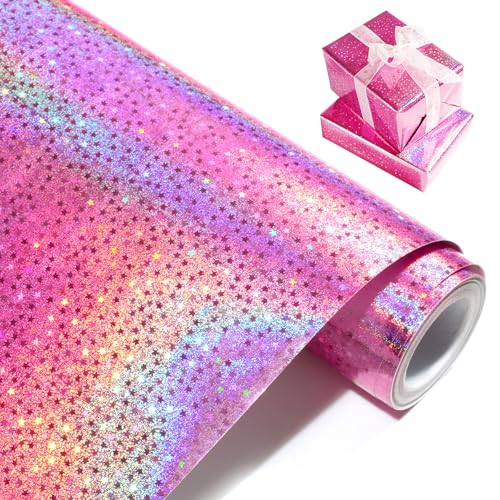 Pink Holographic Wrapping Paper Metallic Glitter Star Gift Wrap Paper Roll for Birthday Wedding Valentines Day Baby Shower Christmas - 43cm x 10m