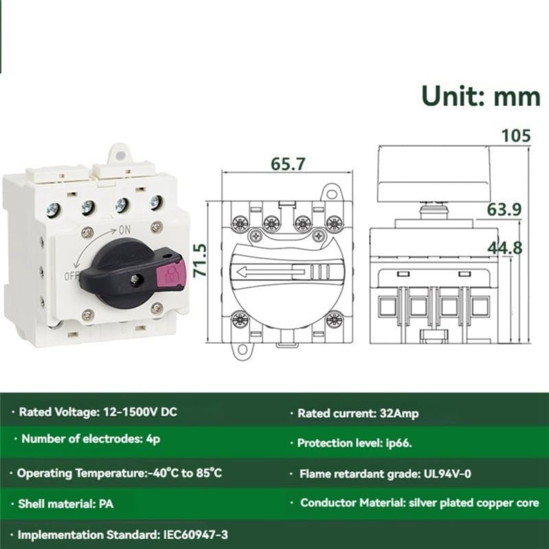 AED7-Solar Isolator Switch PV DC 1200V 32A Solar Rotating Handle Isolator Rotary Switch Disconnector for Solar Device