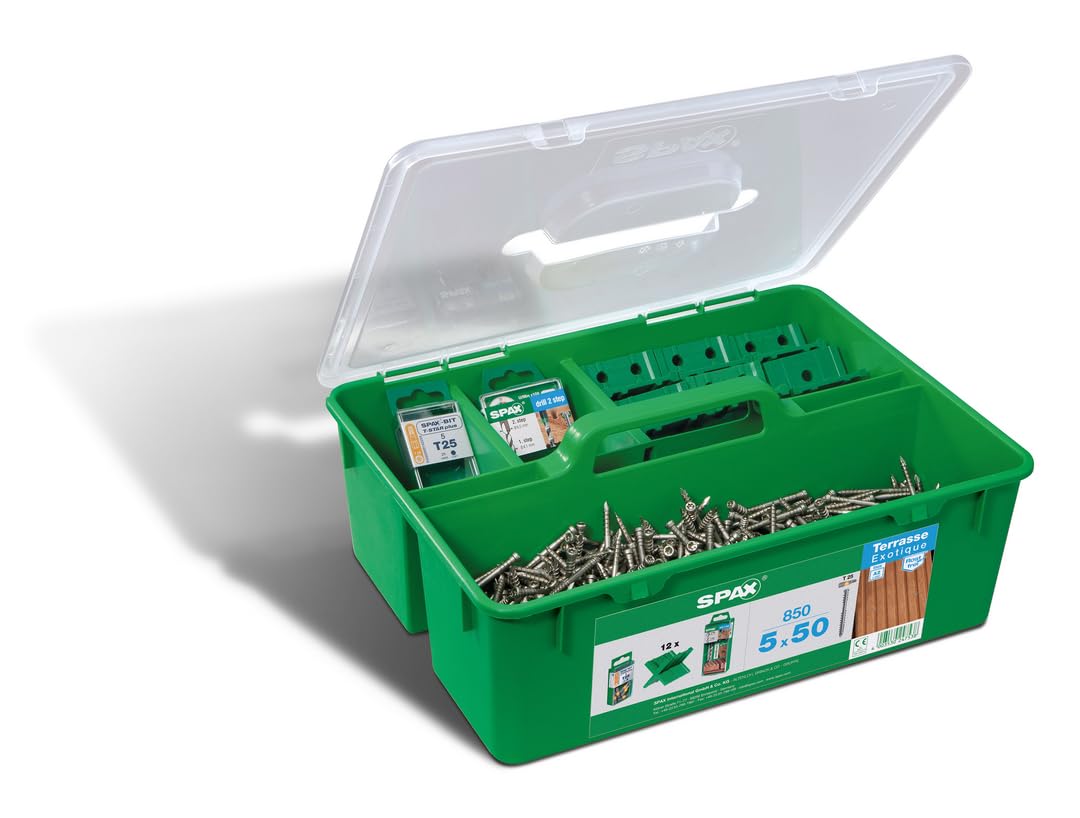 Kit terrasse SPAX GREEN BOX, Kit professionnel pour terrasse mit SPAX Tête cylindrique 5 x 50 mm, 850 pièces, Acier inoxydable A2-5000009010009