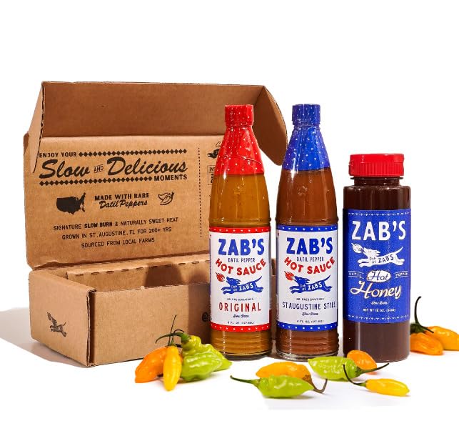 Zab's Hot Sauce Gift Set, Original 6oz, St. Augustine Style 6oz, & Hot Honey 12oz (3 Pack), Made with Signature Slow Burn Datil Peppers, Perfect for Charcuterie Boards, Pizza, BBQ & More