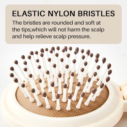 RHOS Compact Foldable Hair Brush with Mirror for Women, Men & Kids - Small Pocket & Portable Travel Brush (Beige)