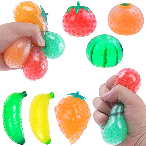6 Pcs Bead Filled Squeeze Stress Gel Balls Novel Fidget Finger Toy Stress Relief Banana Squeeze Fruit Anxiety Sensory Fidget Hand Wrist Squeeze Grapes Watermelon Decompression Bubble Bead Vent Rubber