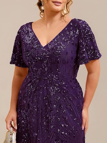 Image of Ever-Pretty Plus Women's Sequin V Neck Plus Size Prom Dress Mermaid Formal Cocktail Evening Dresses for Curvy Women