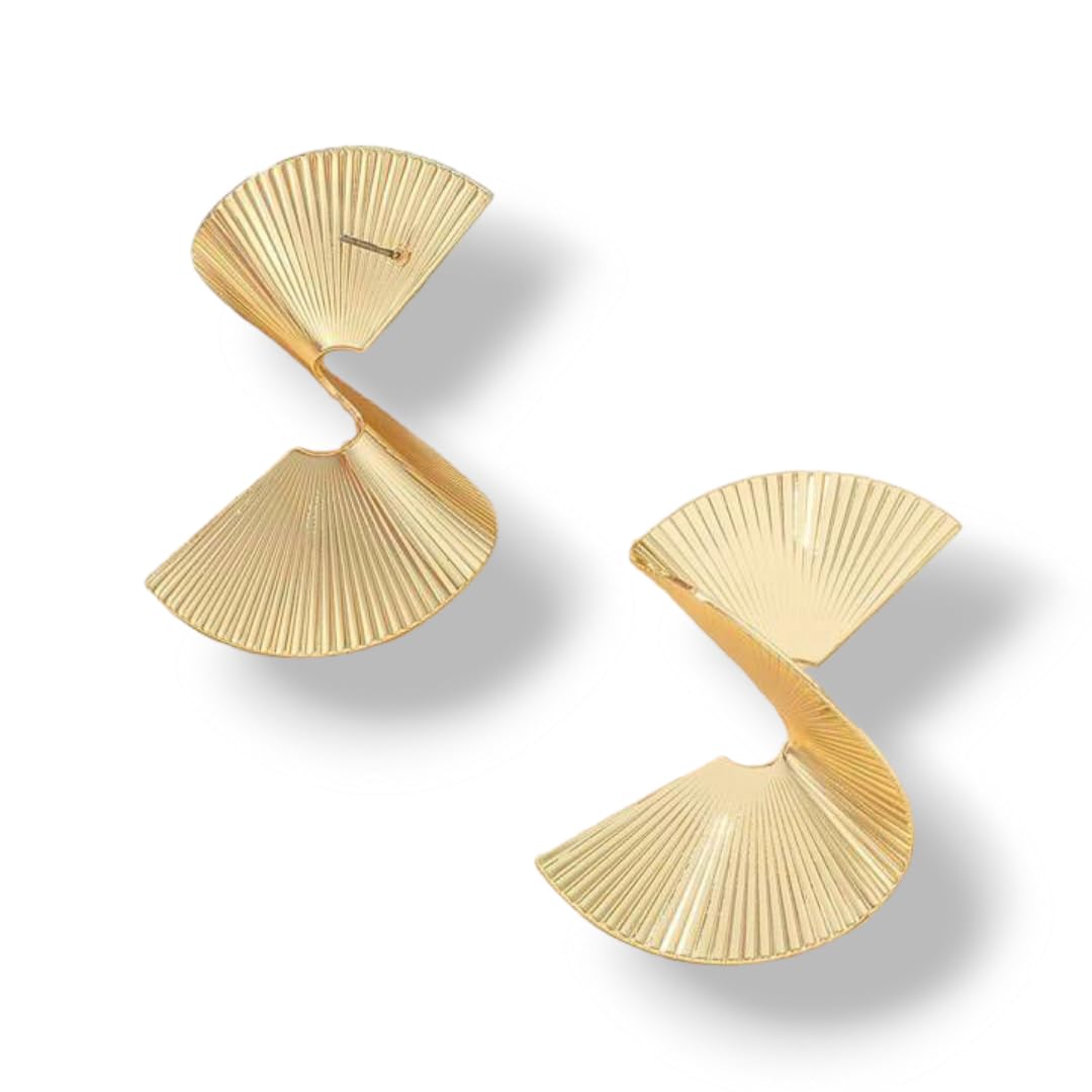 OOPS MODERN Geometric Gold Plated Drop Earrings with Twist Design, Fan Leaf Motif | Spiral Earrings | Fan leaves Earrings (4 cm) (B0D1XV2QLC) Amazon Price History, Amazon Price Tracker