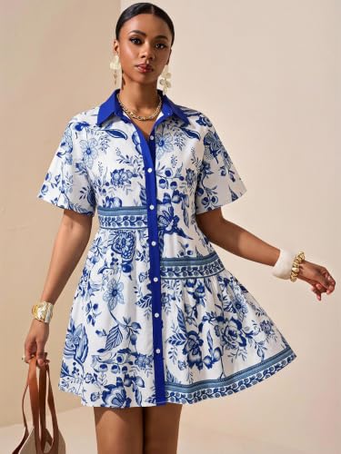 Image of SOLY HUX Women's Floral Button Down Shirt Dress Collared Short Sleeve Ruffle Babydoll Summer Boho Vacation Short Dresses