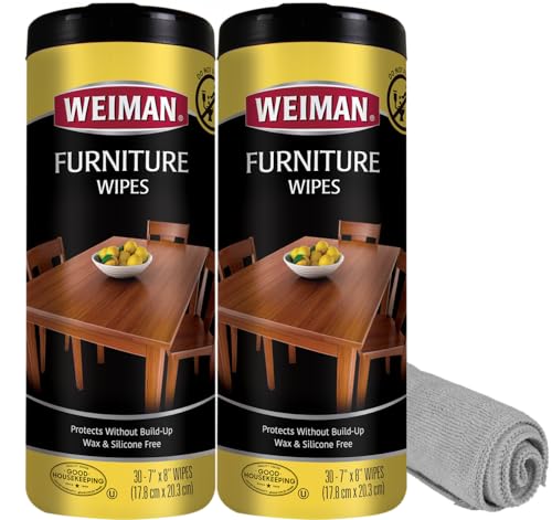 Weiman Wood Polish and Cleaning Wipes, For Furniture Cleaner, Protect from Watermarks, Stains & Aging, No Build-Up, UVX-15 Prevent Drying, Fading & Discoloration, 2 Pack with Microfiber Cloth