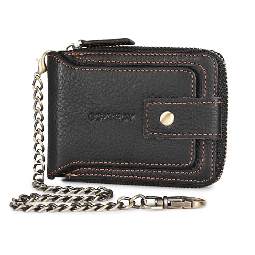 Chain Wallets For Men RFID Blocking Leather Mens Wallet With Zipper, Flap ID Window Zip Coin Pocket Bifold Card Wallets Big Capacity For Travel (Black)