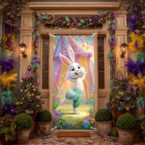 Image of Happy Easter Door Cover Dancing Bunny Banner Carnival Style Spring Front Door Decorations Home Party Outdoor Decor 35.4x71 Inch