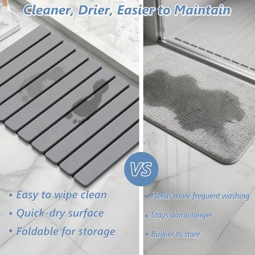 Image of AWW Foldable Stone Bath Mat, Quick Dry Diatomaceous Earth Bath Mat with Non-Slip Mat, Super Absorbent, Easy to Clean, Compact for Small Bathrooms, 23.6 x 15.5, Grey