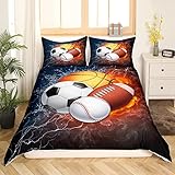 Erosebridal Sports Bedding Sets Boys Full Size,Baseball Soccer Duvet Cover Kids Teens Basketball Football Comforter Cover Ball Games Quilt Cover,Fire Ice Trippy Lightening Decor 3Pcs Soft Luxury