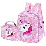 Einhorn Kinderrucksack Set - 15 Zoll Holographic Unicorn Pailletten Schulrucksack mit Lunchbag für Mädchen Vorschule Kindergarten Grundschule Wandern Reise Laptop Buchtasche Mittagessen Tasche