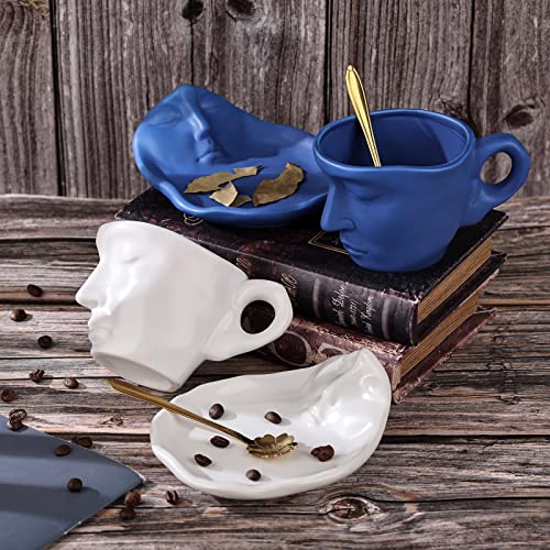 White Tea Cup And Saucer Set Ceramic Kissing Couple Coffee Mug Set With Spoon Face Coffee Cup Unique Teacup And Saucer Valentine's Day Christmas Creative Gift #TOP4