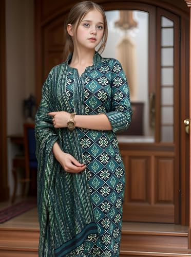 Image of Girls Printed Pure Cotton Kurta Pant with Dupatta