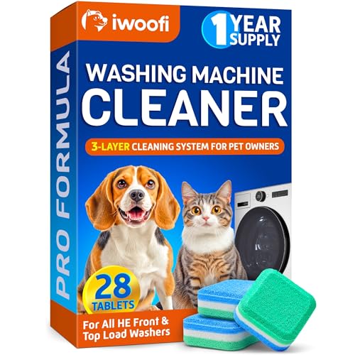 IWOOFI Washing Machine Cleaner Tablets for Pet Owners Pro – Front & Top Load HE Washers – Removes Pet Hair Buildup Eliminates Odors & Residue – 28 Tablets 1-Year Supply – Septic Safe Deep Clean