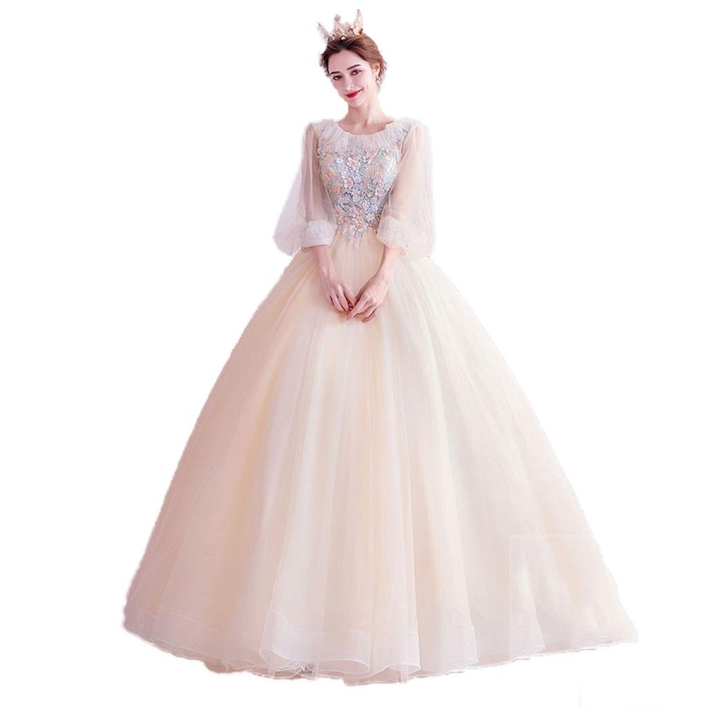 Vestidos de Novia Florales para Mujer, Manga Larga, Falda de Tul, Bordados, Vestidos de Novia, Fiesta Formal, Vestido de Novia, Bonito Vestido (Color: champán, Talla: L) (champán, M)