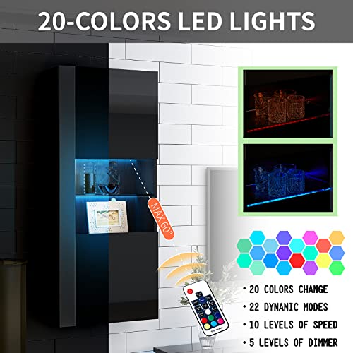 Amerlife AMERLIFE-27A Wall Storage Cabinets With Led Lights, Modern High Gloss Hanging Cabinets With 4 Closed Doors & Open Glass Shelves, For Living Room/Bedroom/Office, Black thumb #3