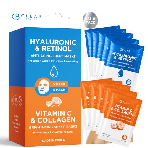 Clear Beauty Hyaluronic & Retinol + Vitamin C Collagen Face Mask Duo – Hydrating, Firming & Revitalizing For Dull Or Aging Skin – Dermatologist Tested, Korean Skin Care, Clean Beauty – 10 Sheets