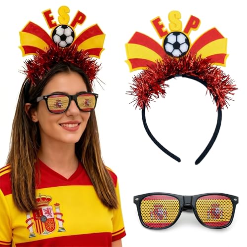 RVYEIOP Kit Supporter Espagne avec Serre-tête et Lunettes de Fête Rouge et Jaune, Accessoire Match de Foot et Stade, Bandeau Cheveux et Lunettes de Soleil Fantaisie pour Homme et Femme