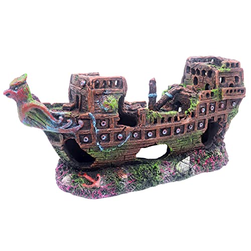 Image of Ulifery Aquarium Shipwreck Sunken Pirate Ship, Fish Tank Decorations Battleship War Boat for Betta Extra Large XL for 55-75 Gallon Tank