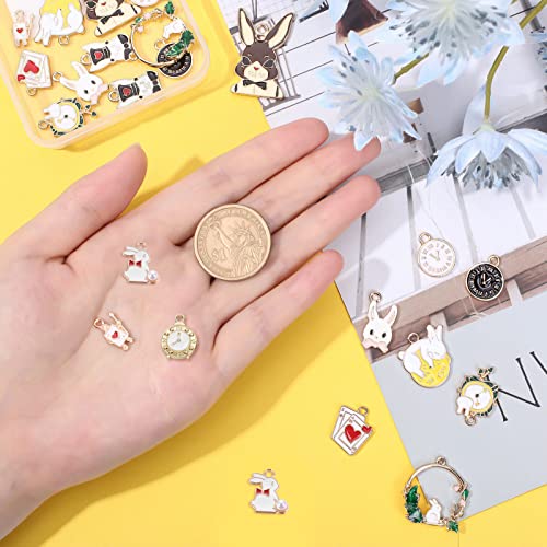 SUNNYCLUE 1 Box 24Pcs 12 Styles Easter Alice Pendants Gold Plated Rabbit Bunny Alarm Clock Poker Card Cartoon Fairy Tales Enamel Charms for Jewellery Making Crafts DIY Easter Day Gifts Accessories - Image 3