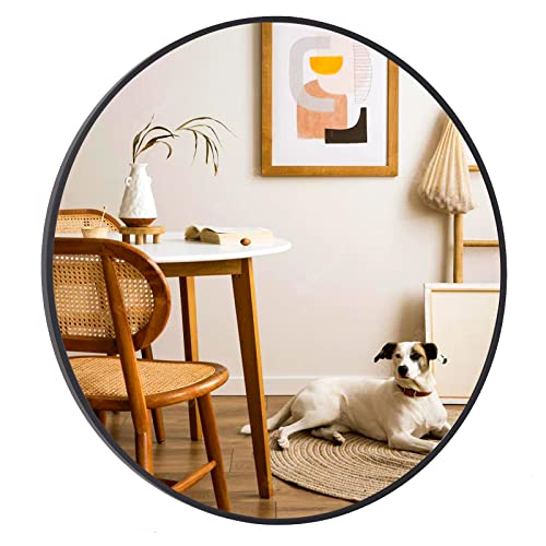Image of VooBang Round Mirror 23.6 inch Black Wall Mounted Circle Mirrors Vanity Mirror with Aluminum Alloy Frame Modern Decoration for Bathroom, Living Room, Vanity, Bedroom, Entryway