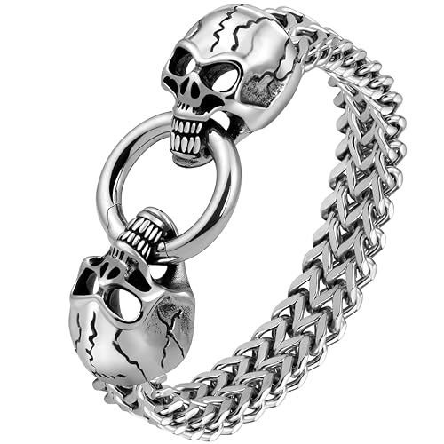 Men’s Stainless Steel Skull Bracelet – Heavy-Duty Ring Clasp, Foxtail/Franco Link Chain, Tarnish-Resistant – Gold or Silver, Biker Punk Rock Style Jewelry, Gift for Him