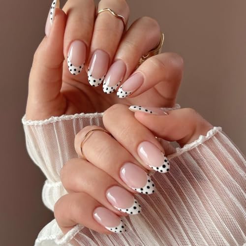 Press On Nails Almond Medium – Nude Pink French Tips with Black &...