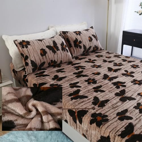 MAG 3Pcs Butterfly Fleece Full Size Sheets Set,Microfiber Black Insect Full Size Bed Set,Romantic Fluffy Warm Super Soft for Women Men,with 1*Fitted Sheet + 2*Pillowcases.