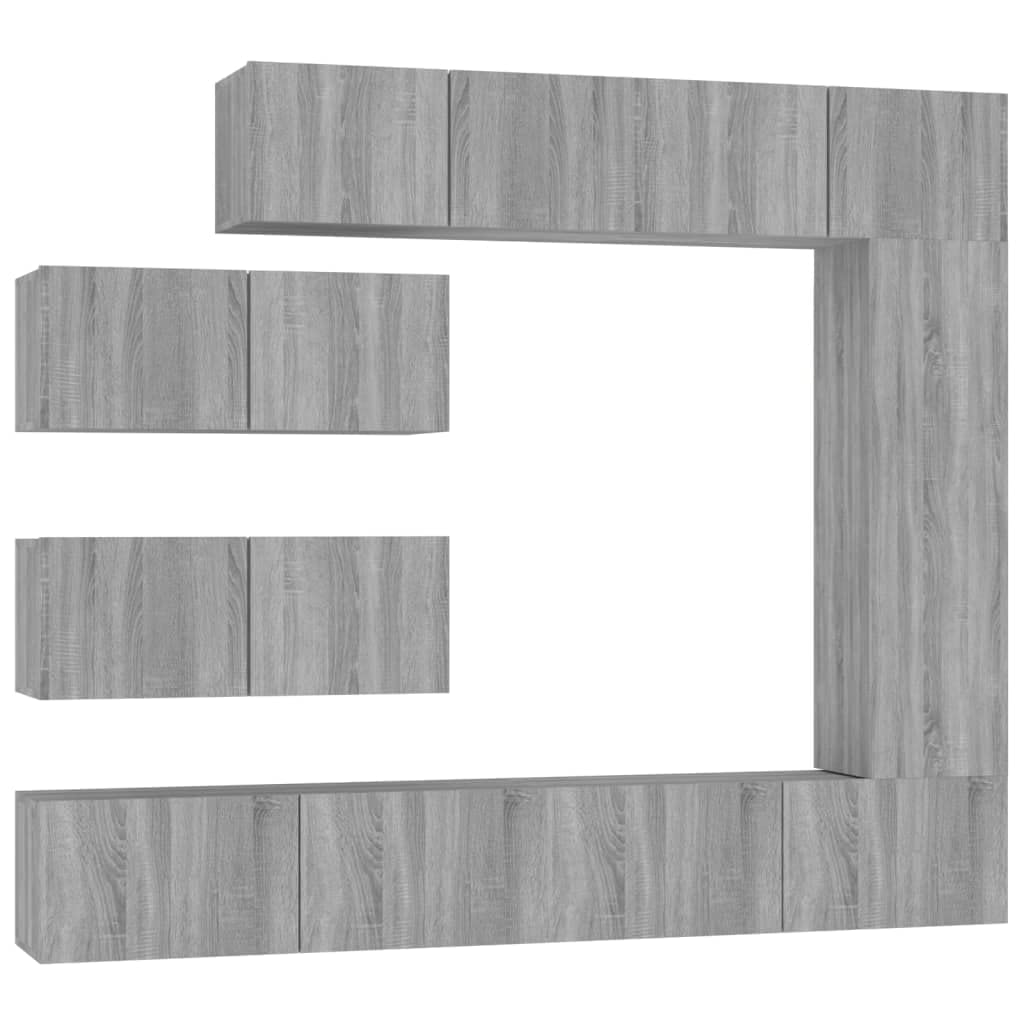 7-TLG. TV-Schrank-Set, Grau Sonoma, Holzwerkstoff, Wandmontage, Modernes Media Center für Wohnzimmer, Schlafzimmer, Viel Stauraum