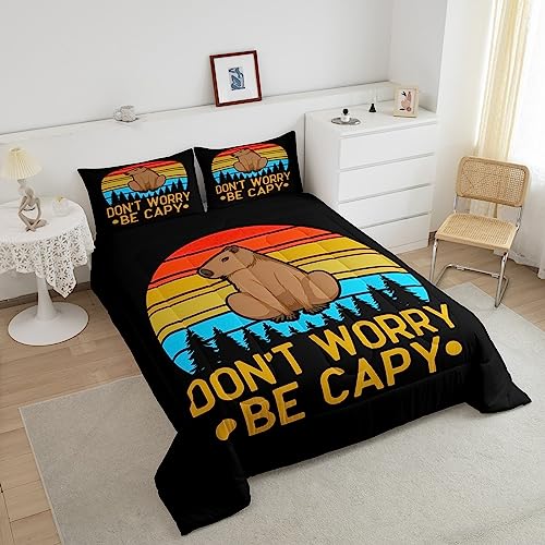 Capybaras Coverless Duvet for Capybara Lovers,Rainbow Funny Capybara Bedding for Kids Boys Bedroom,Woodland Natural Theme Duvet Set,Geoemtric Striped Black Quilt Duvet,Double - Image 3