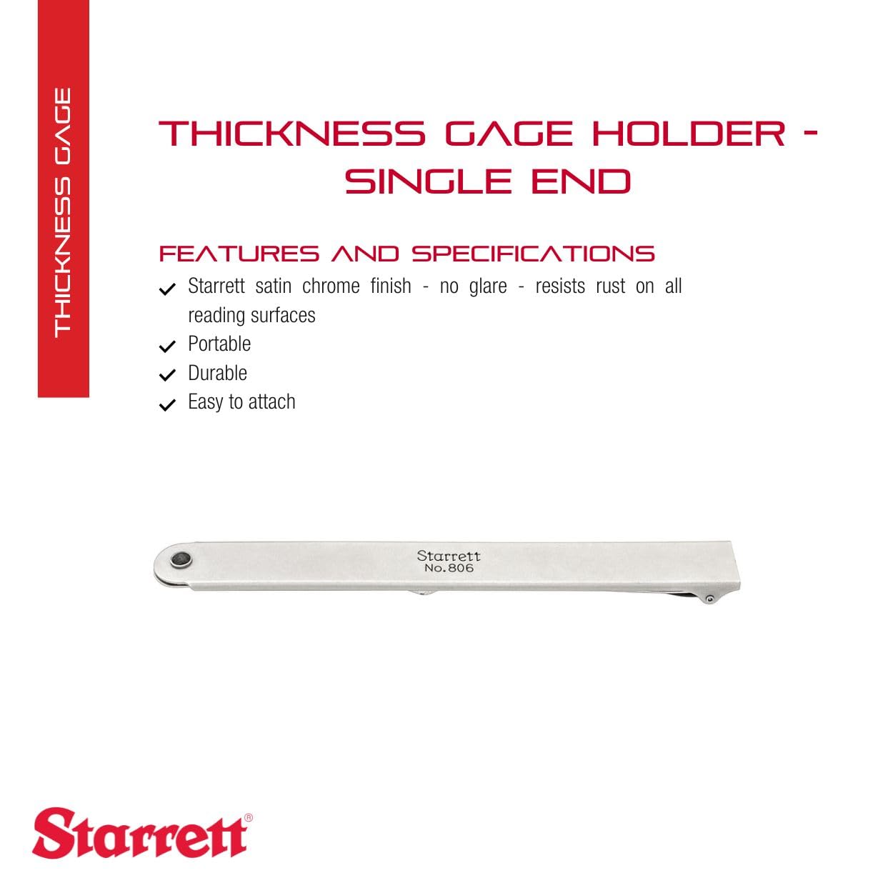 Starrett Thickness Gage Holder for Precision Measurement - Dull Nickel Finish, Single End, Clamps Stock at One End for Thickness from .001-.025" - 806