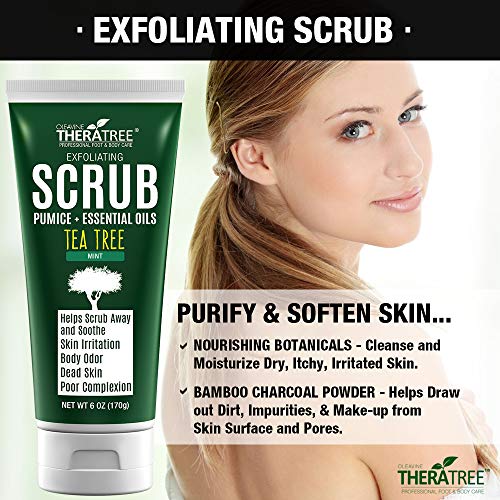 Oleavine TheraTree Tea Tree Oil Exfoliating Body Scrub - Deep Cleansing Foot & Body Charcoal Scrub with Peppermint, Spearmint & Neem - Soothing Exfoliator for Healthy-Looking Skin, 6 oz