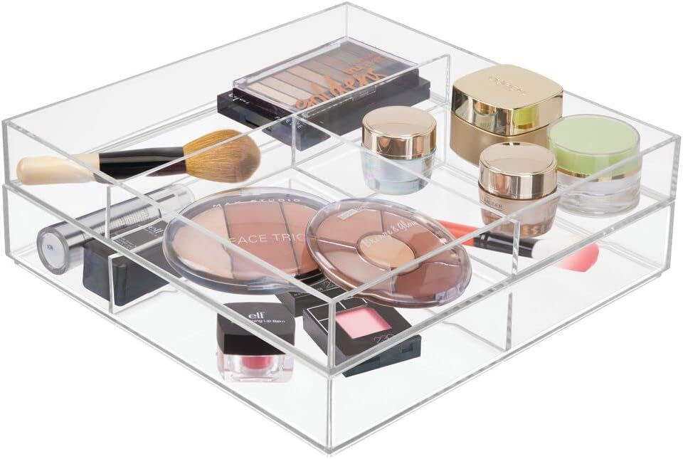 mDesign Bathroom Stackable Cosmetic Drawer Organizer for Cosmetics, Makeup Brushes, Makeup -12" x 12" x 2", Clear
