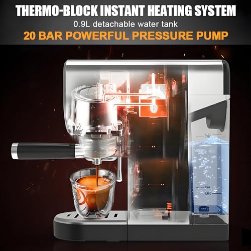 Cafetera Espresso semiautomática con vaporizador de Leche, Alta presión de 20 Bares, depósito de Agua de 900 ml y función para Preparar Capuchino.