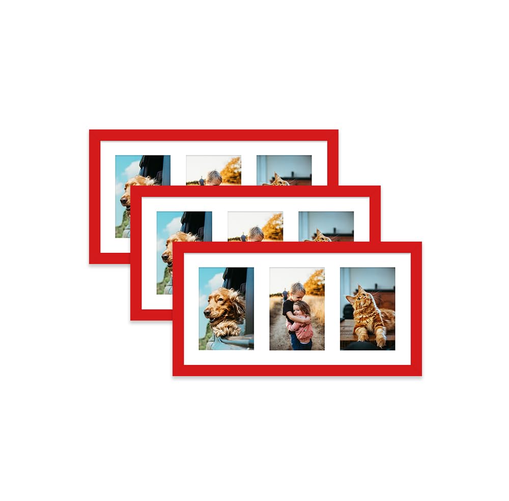 Red Multi Photo Frame - Holds 3 x 6x4 Pictures, Family Collage Picture Frame for Wall Display, 8x16 Panoramic Frame Size, Set of 3