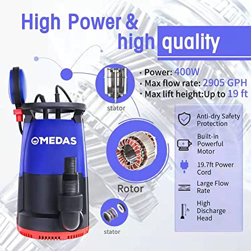 Medas Electric 3 In 1 Submersible Pump 1/2Hp 400W 2905Gph Sump Pumps W/Float Switch And Long 16.4Ft Cable Dirty/Clean Water Pump For Ponds, Pools And Drain #TOP1