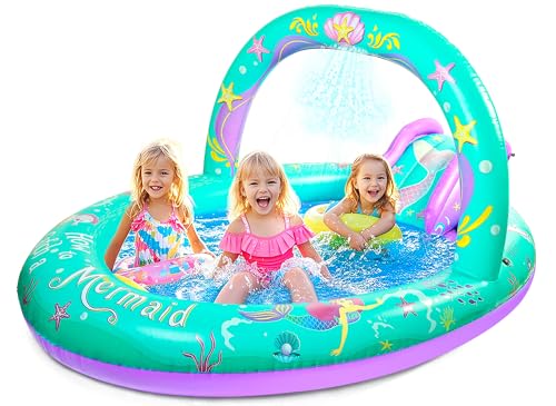 SULIFEEL Mermaid Inflatable Kiddie Pool with Slide