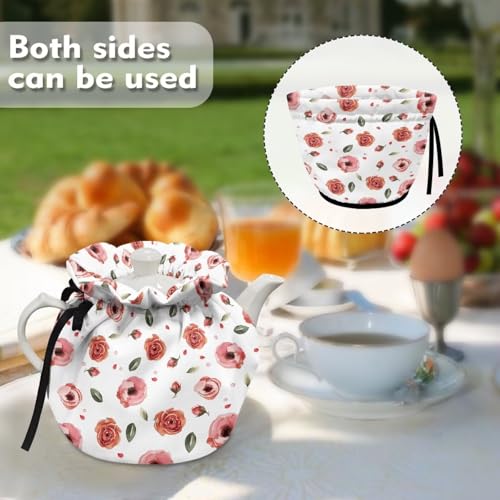 Image of Pink Rose Tea Cosy, Scratches-Proof Insulated Kitchen Teapot Dust Cover with Drawstring, Tea Pot Cozy Breakfast Warmer for Home Kitchen Table Decoration