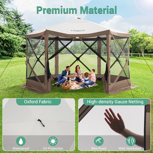 Image of COBIZI 12x12 FT Pop Up Canopy Shelter Tent, Large Gazebos On Clearance with Sidewalls, Screened in Gazebo, Screen Tents Portable carpas para Patio for Outdoor Camping, Backyard, Garden, Beach,Brown