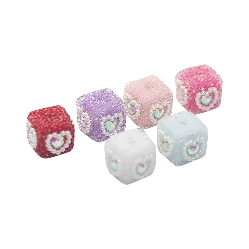 HugeDE 6 Pcs Rhinestone Focal Beads Faux Pearl Heart Beads Beaded Pens Beads Diamond Cube Beads Cute Crystal Beads Glitter Sparkle Beads Decorative Bling Beads for Decoration