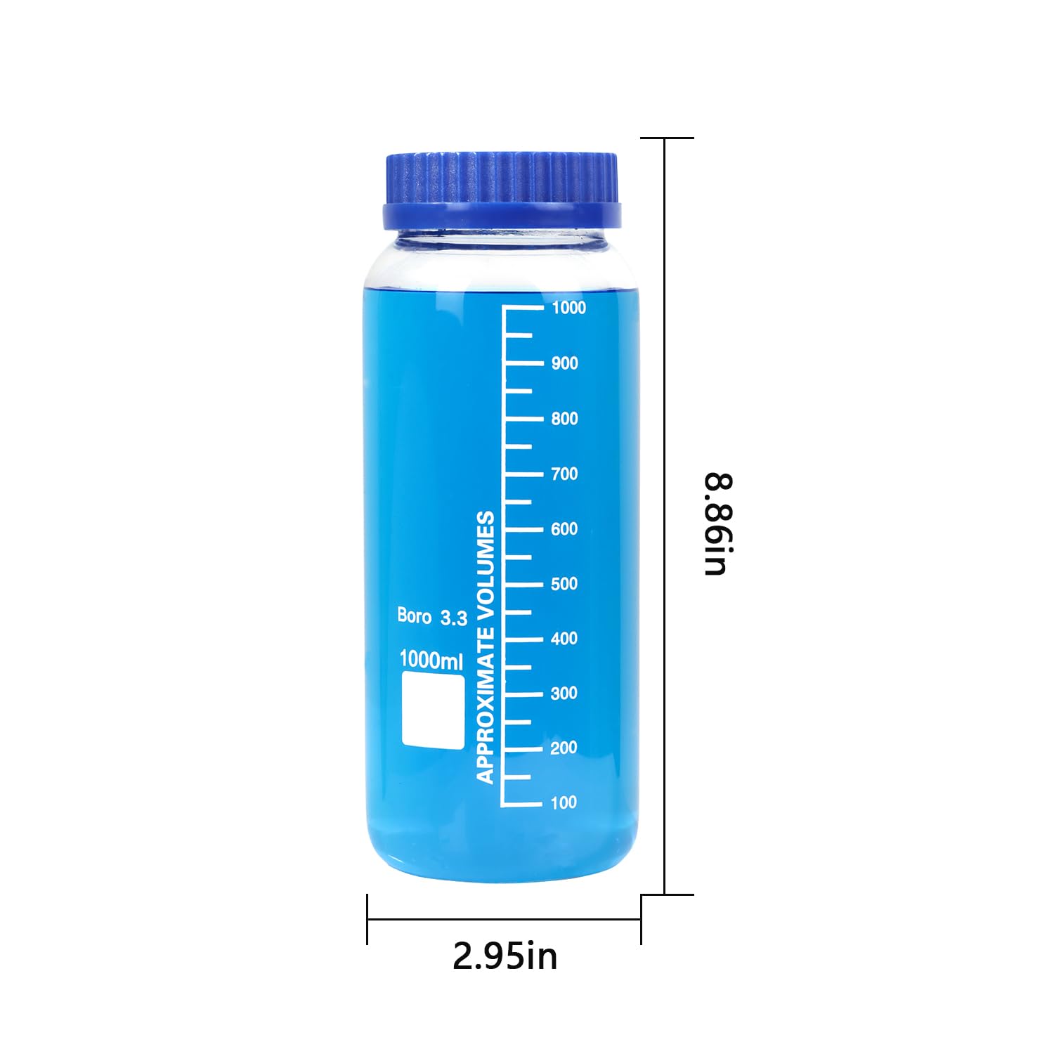 Moonetto Paquete de 2 botellas de vidrio de borosilicato redondas graduadas de boca ancha de 1000 ml con tapa de rosca de polipropileno azul GL70